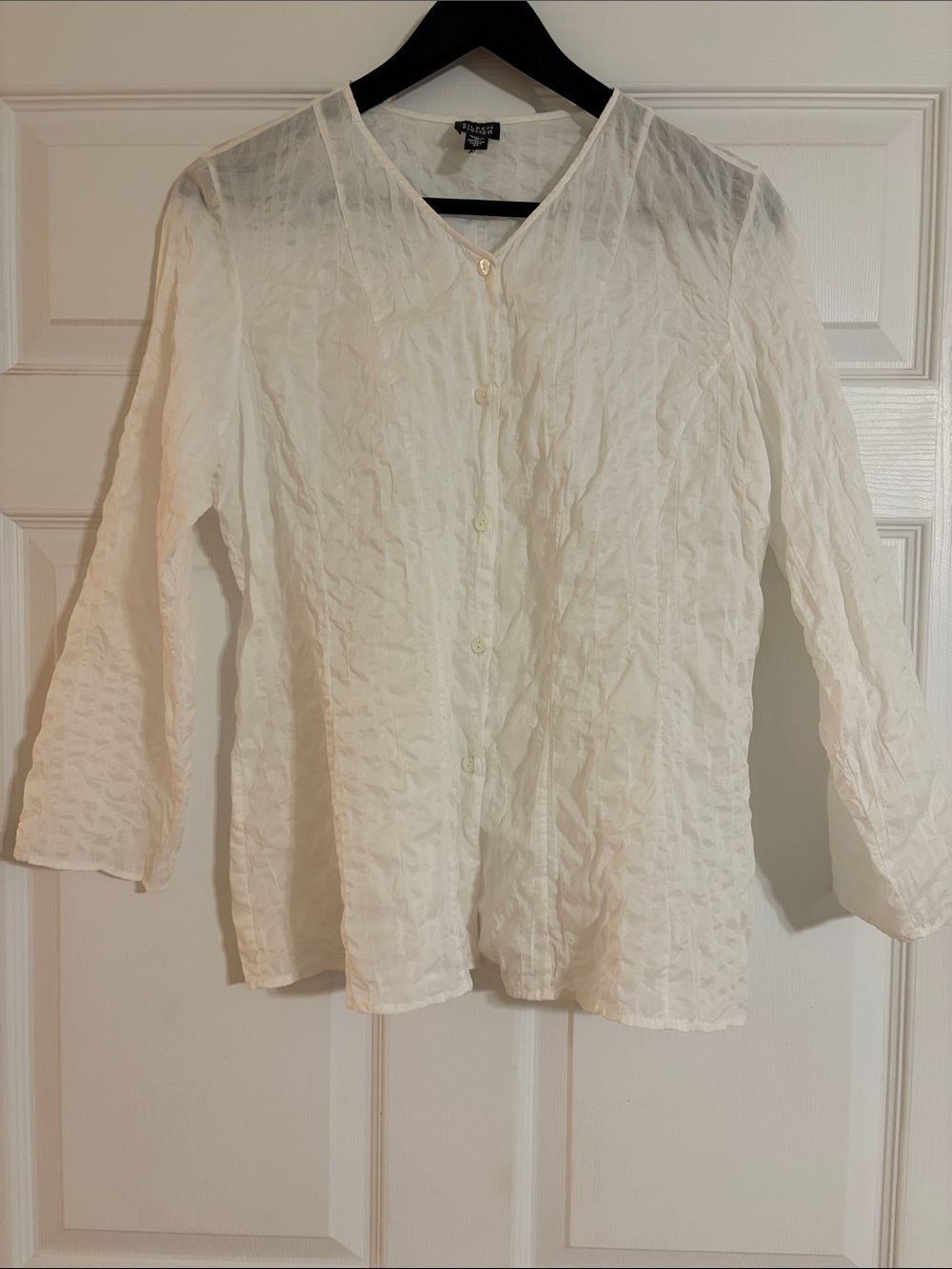 Eileen Fisher White Textured Crinkle Button Down Blouse Top Sz M